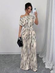 Plus Size Women's Bohemian Snake Print Jumpsuit Asymmetric One-Shoulder Batwing Sleeves