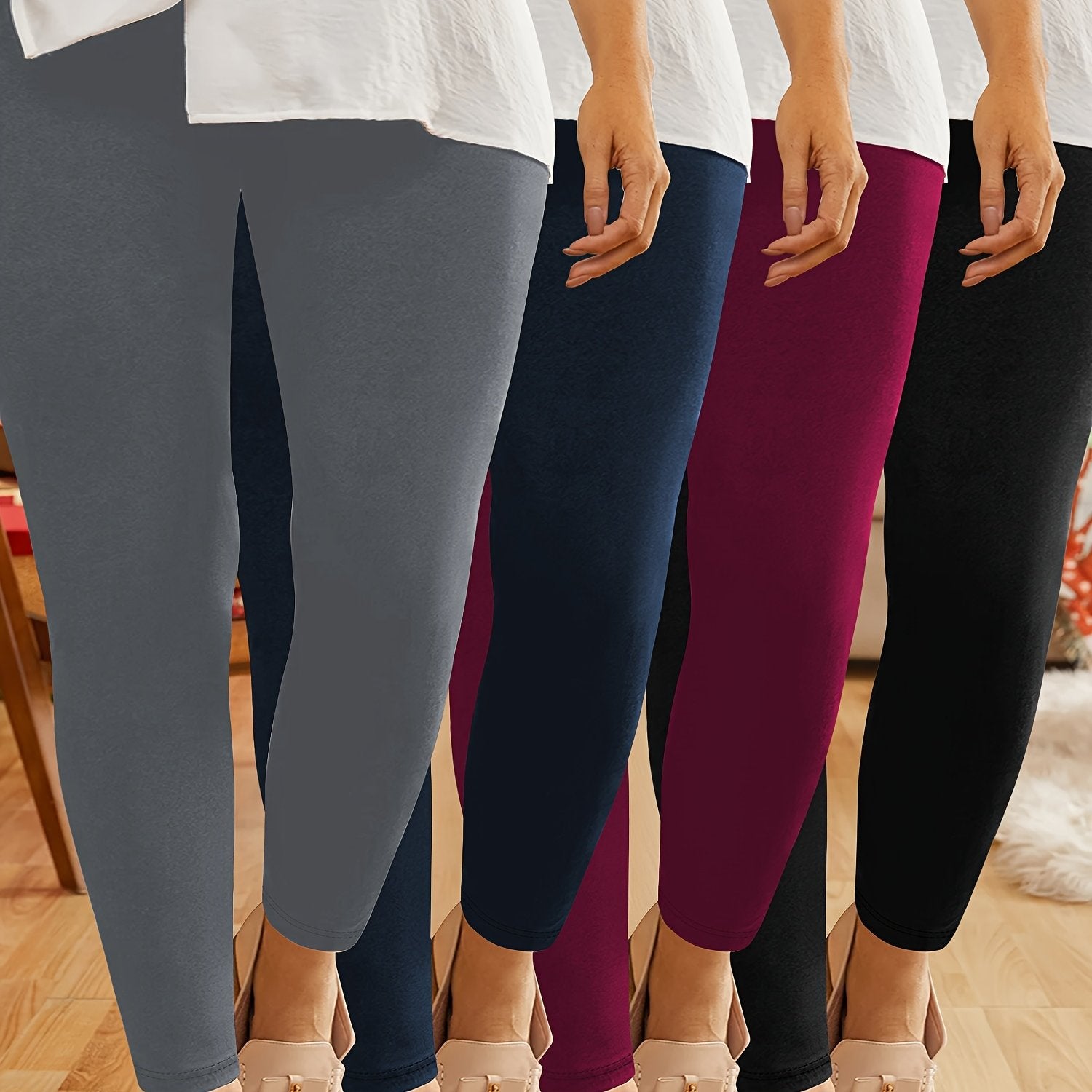 Plus Size Stretchy Capri Leggings High Waist Solid Colors Polyester Elastane