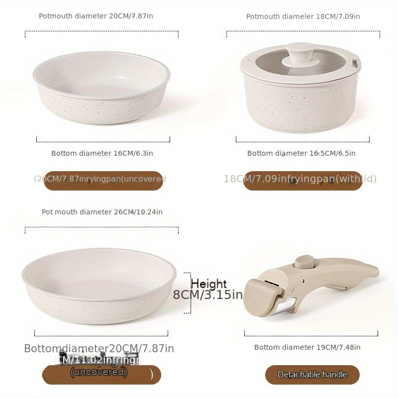 Juego de utensilios de cerámica beige de 5 piezas, antiadherente, PFOA PFAS, para autocaravana, asas removibles