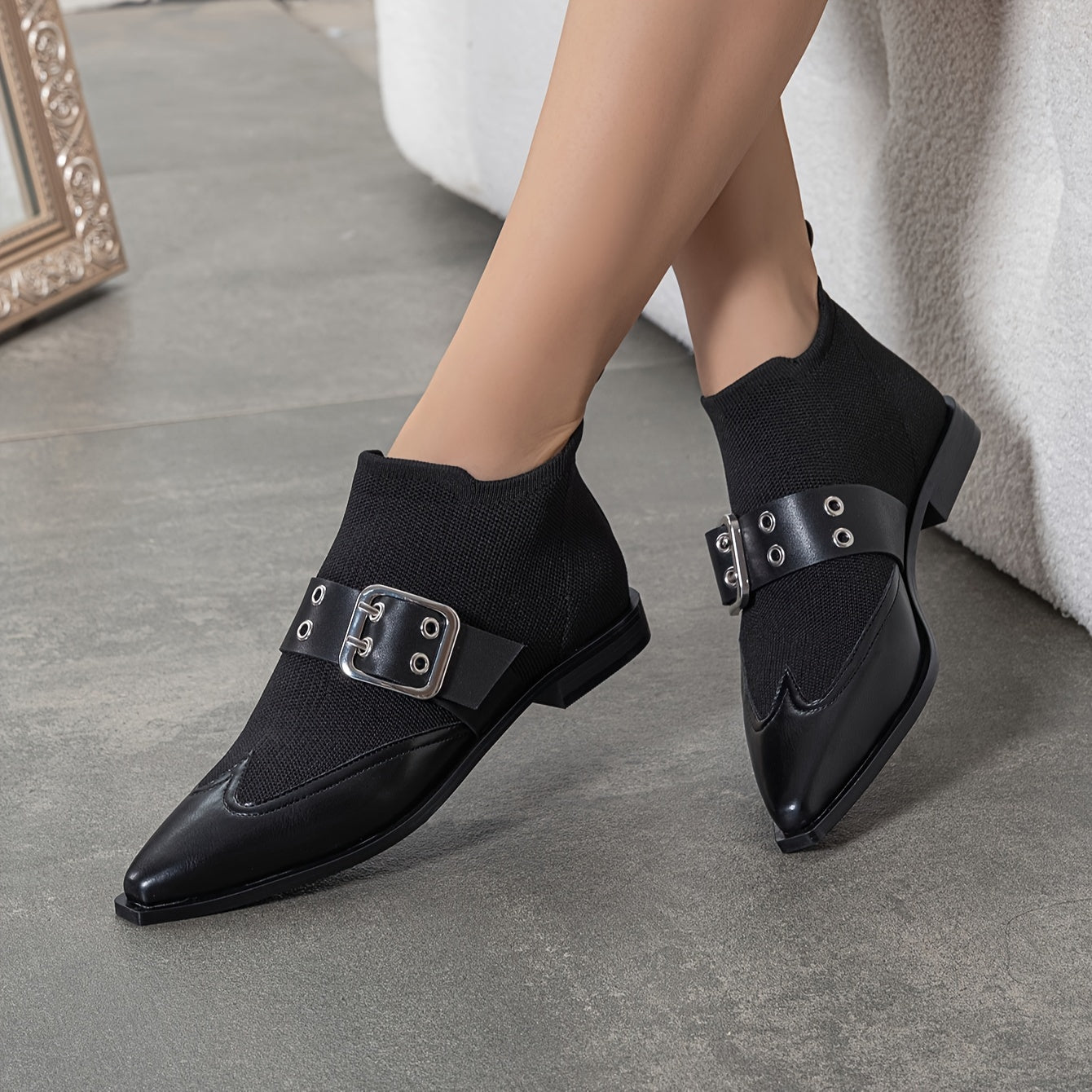 Women's Stretch Slip-On Ankle Booties with Buckle Flat Heel Pointed Toe