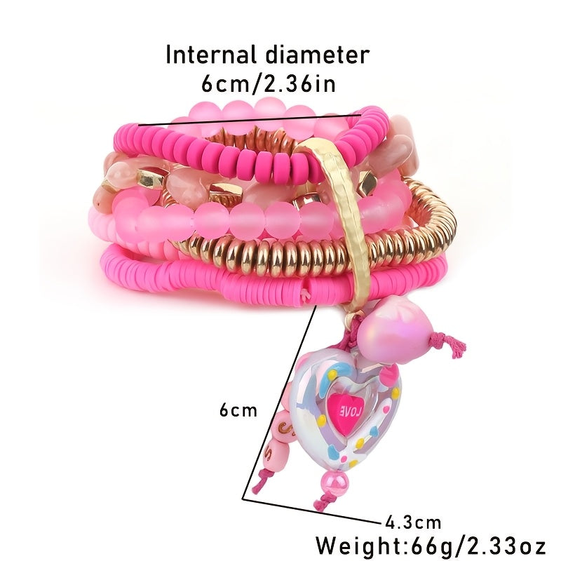 Pink Resin Bead Heart KISS Pendant Bracelet for Women Valentine's Day Jewelry