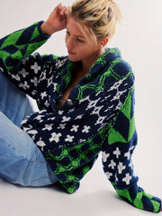 Plus Size Women's Geometric Pattern Cardigan Long Sleeve Open Front Fall Winter Layering