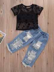Girls Summer Set with Cropped Cami Top Mesh Star Print T-Shirt Ripped Denim Jeans