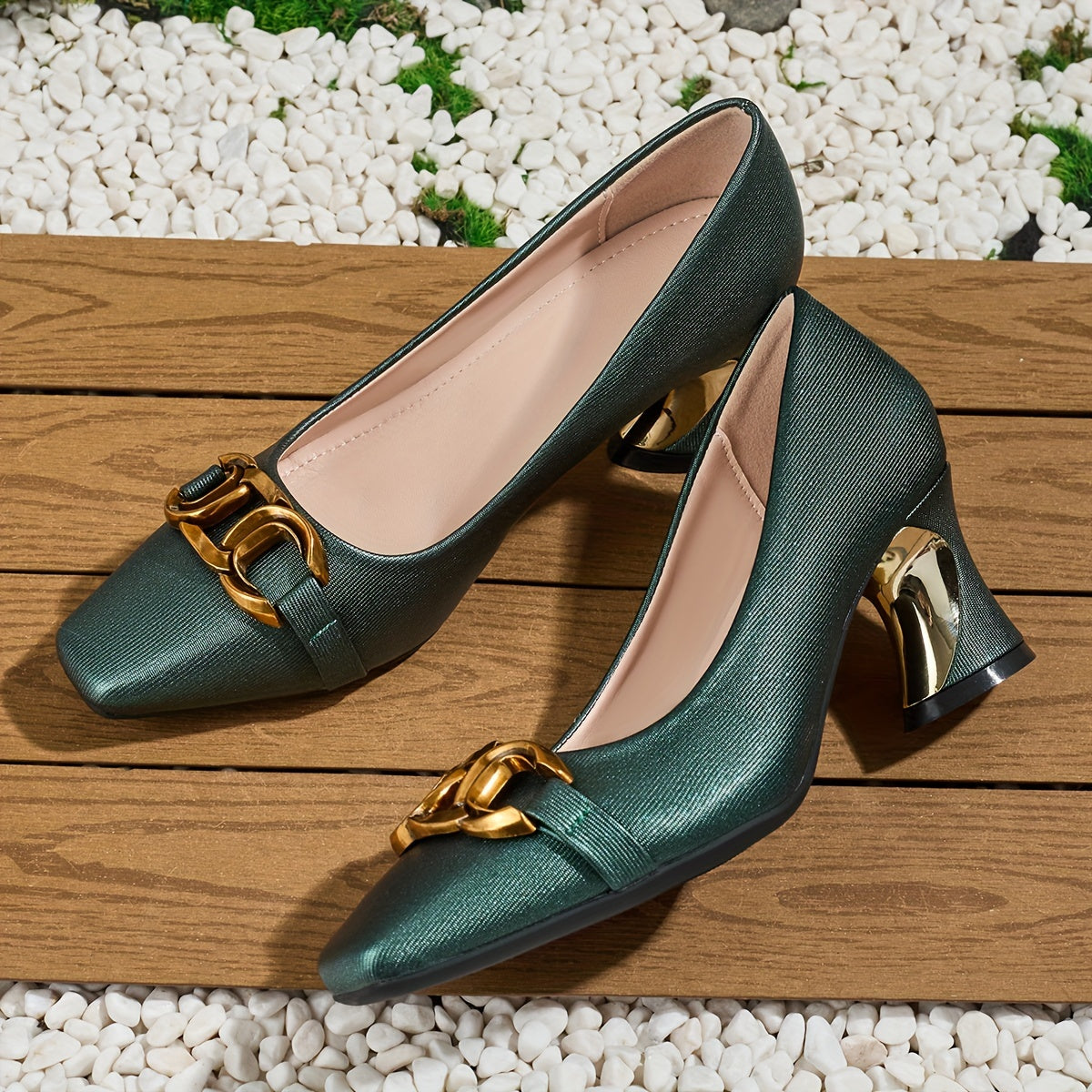 Women's Casual Square-Toed High Heels with Metal Buckles and Chunky Heels