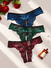 Bragas de encaje para mujer talla plus con patrón floral y entrepierna abierta en negro y rojo