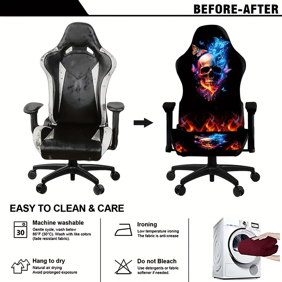 Stretchable Gaming Chair Cover with Eclectic Skull Digital Print Made of Milk Fiber Fabric