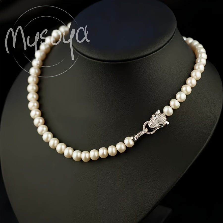 Unisex Pearl Jewelry Set with Leopard Head Clasp and 8-9mm Freshwater Pearls