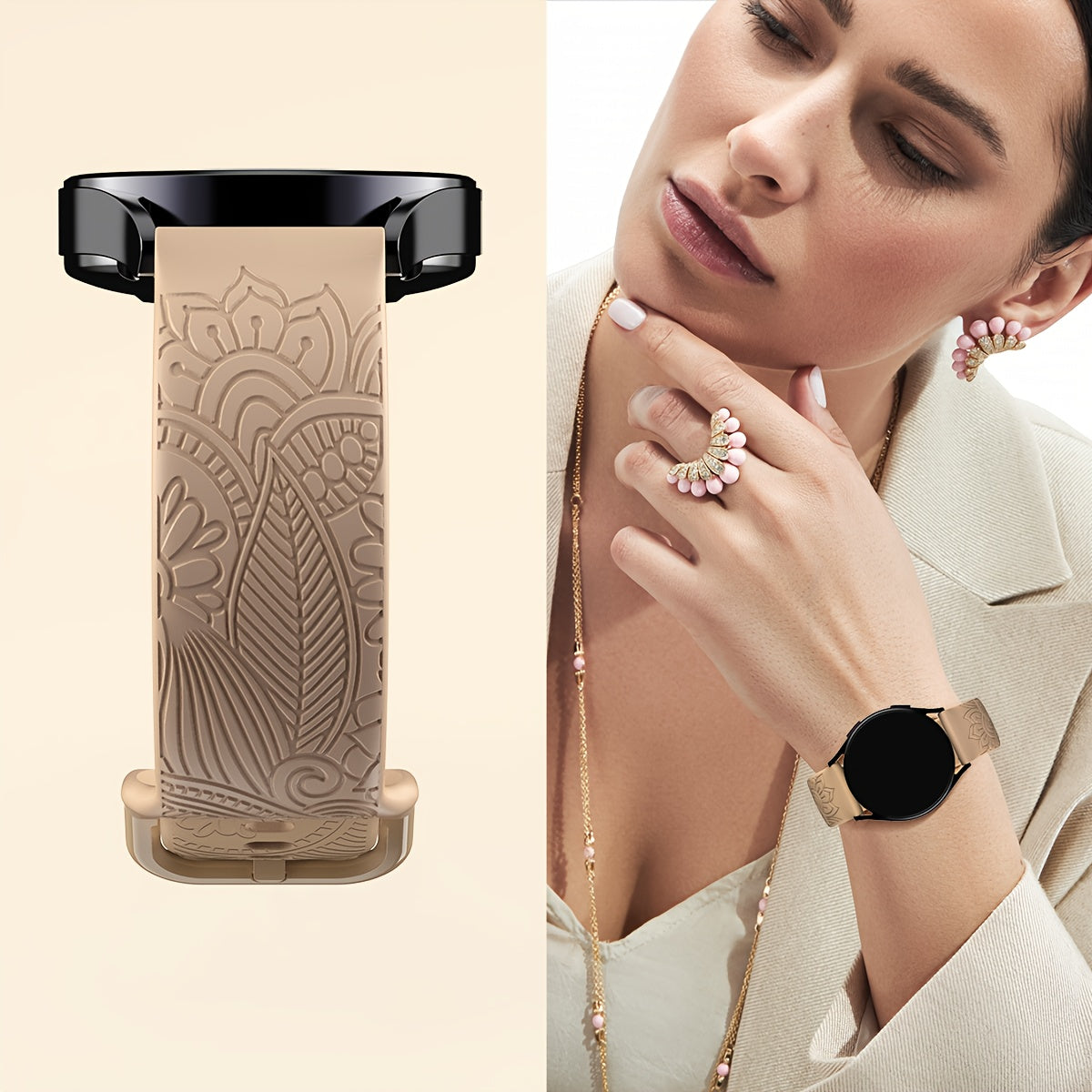 Engraved Floral Print Silicone Watch Band 1.78cm Wide Flexible Durable Replacement Strap