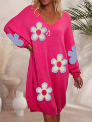 Plus Size Women's V-Neck Sweater Dress with Blue Floral Print Long Sleeve Knit Autumn Fall