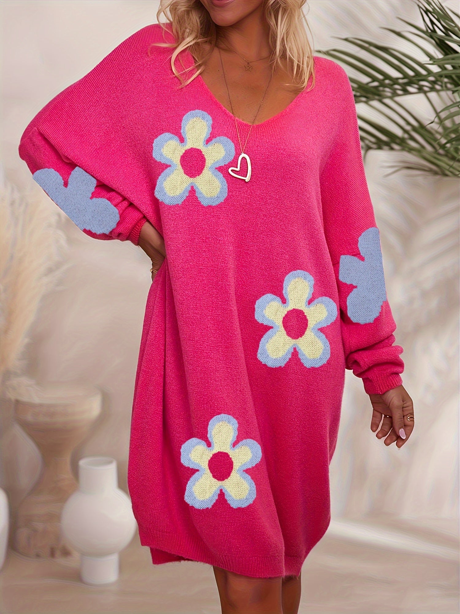 Plus Size Women's V-Neck Sweater Dress with Blue Floral Print Long Sleeve Knit Autumn Fall