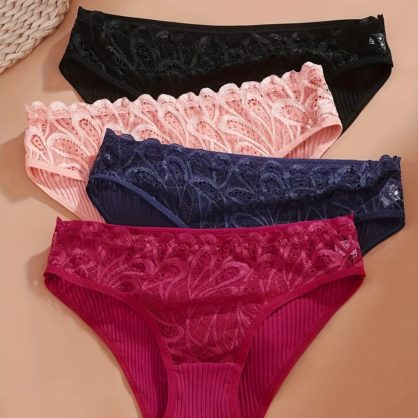Set of 4 Lace Triangle Briefs for Women Breathable Comfortable Solid Color Autumn Winter