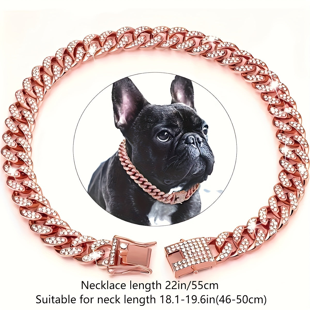 Dog Collar with Rhinestones Cuban Link Stainless Steel 13mm Wide Adjustable
