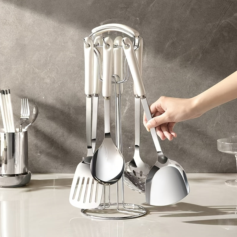 Set of 7 Stainless Steel Kitchen Utensils with Ceramic Handles for Cooking and Baking
