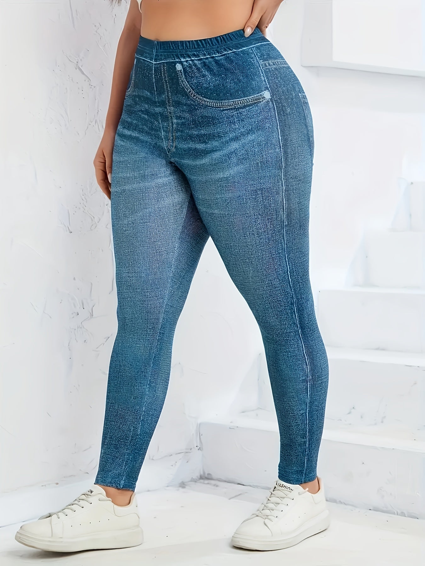 Women's Plus Size Sports Leggings Imitation Denim Blue High Waist Fitness Tights