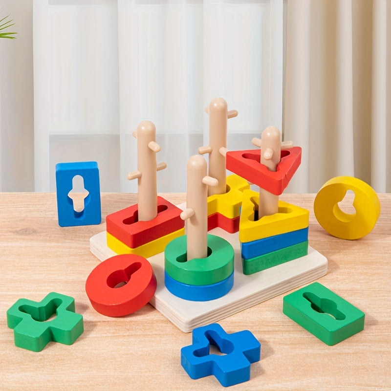 Educational Wooden Shape Sorter Puzzle for Cognitive Development with Stacking Rings and Blocks for 18M+