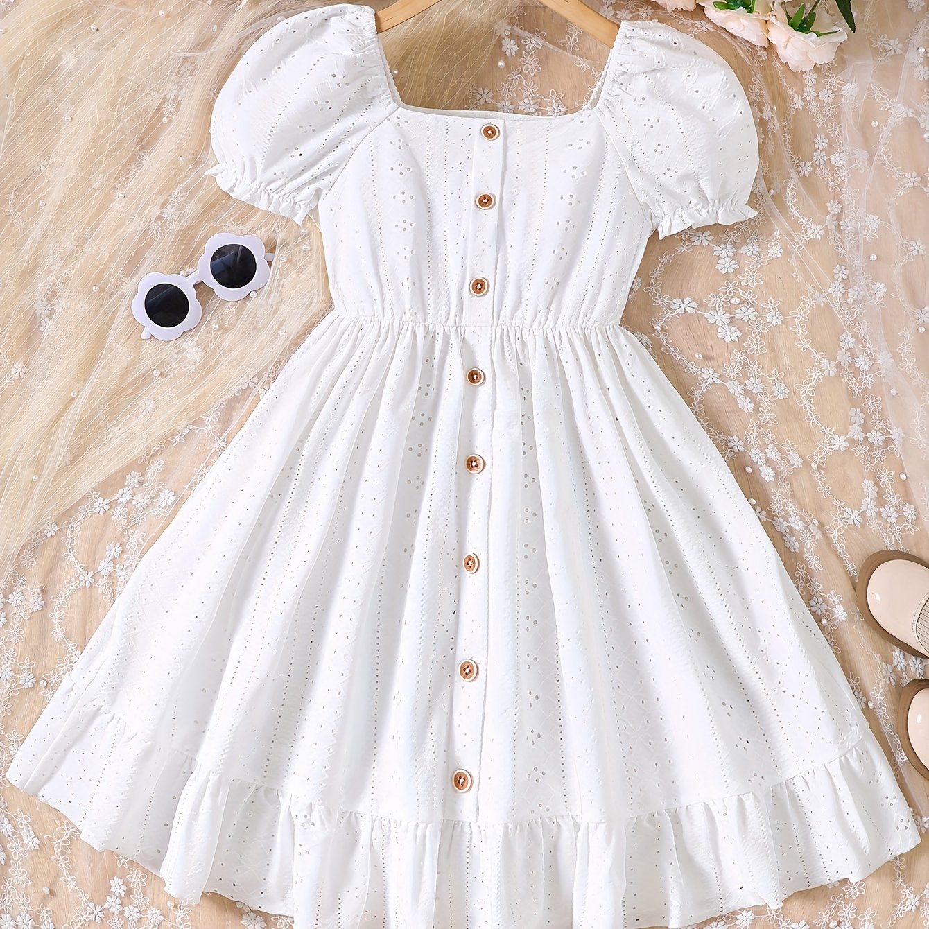 Girls Summer Dress with Eyelet Jacquard Puff Sleeves Ruffle Hem White Knit Fabric