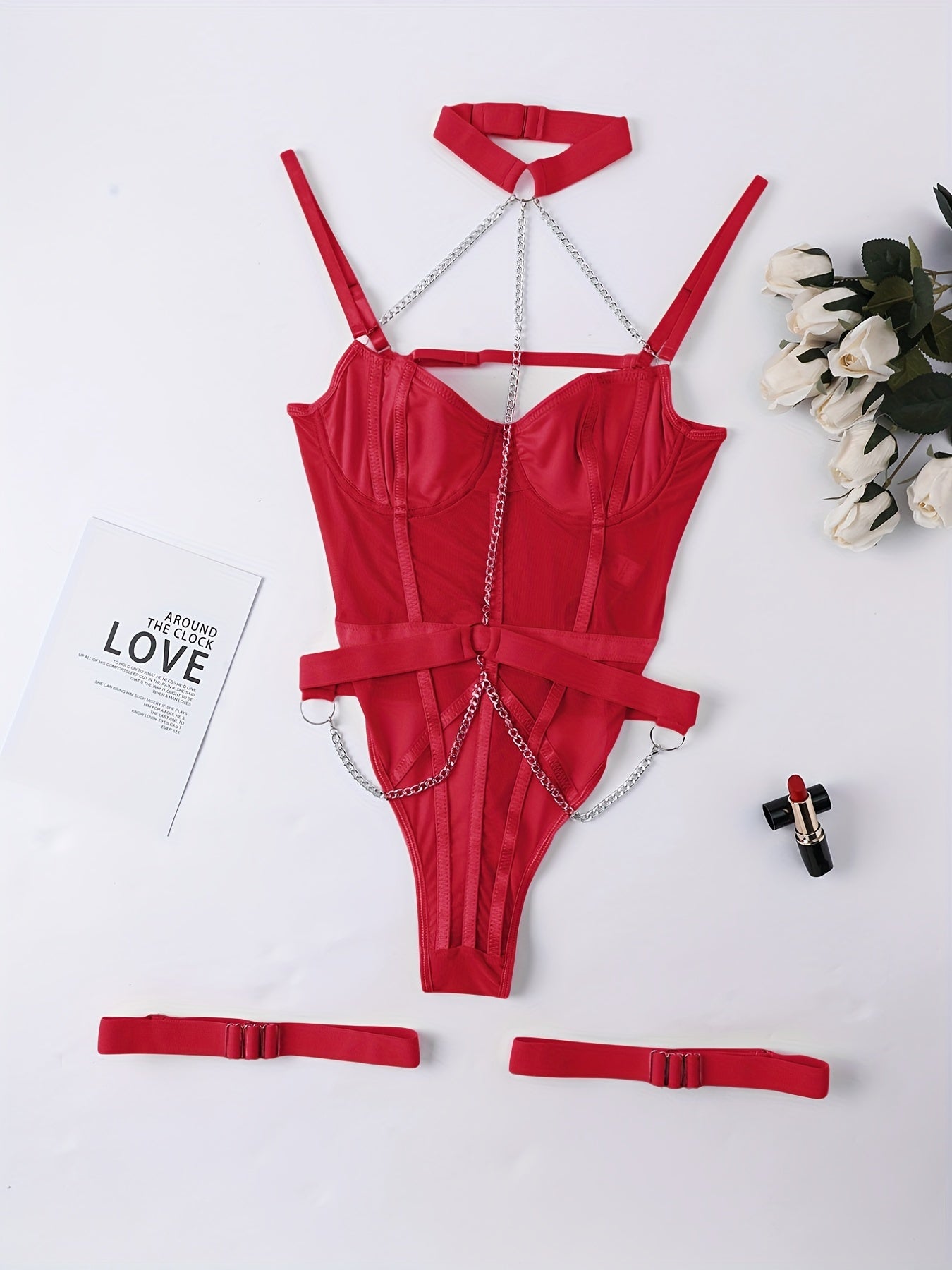 Women's Mesh Halter Teddy with Chain Backless Thong Lingerie