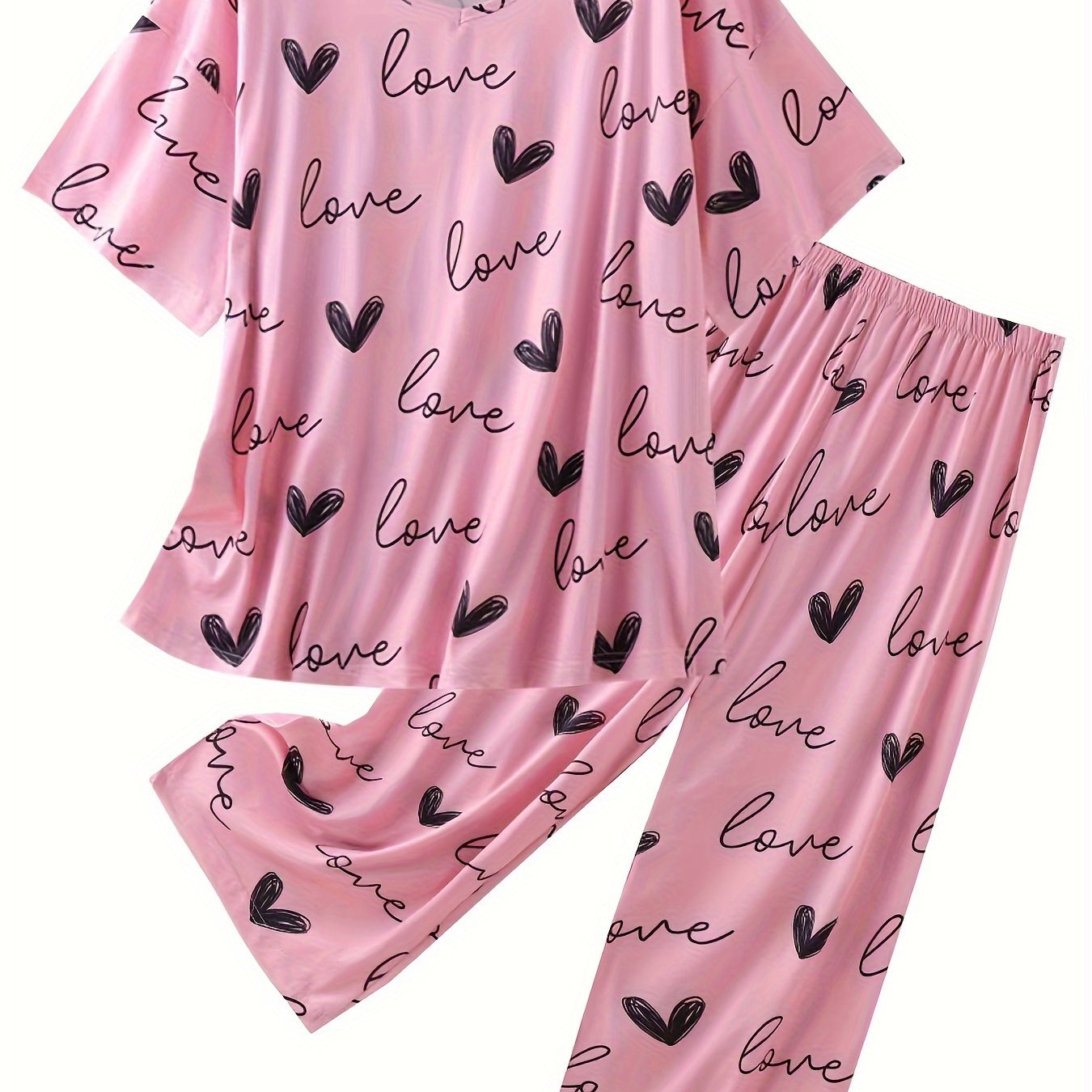Women's Plus Size Pajama Set Soft Polyester Short Sleeve Heart Print