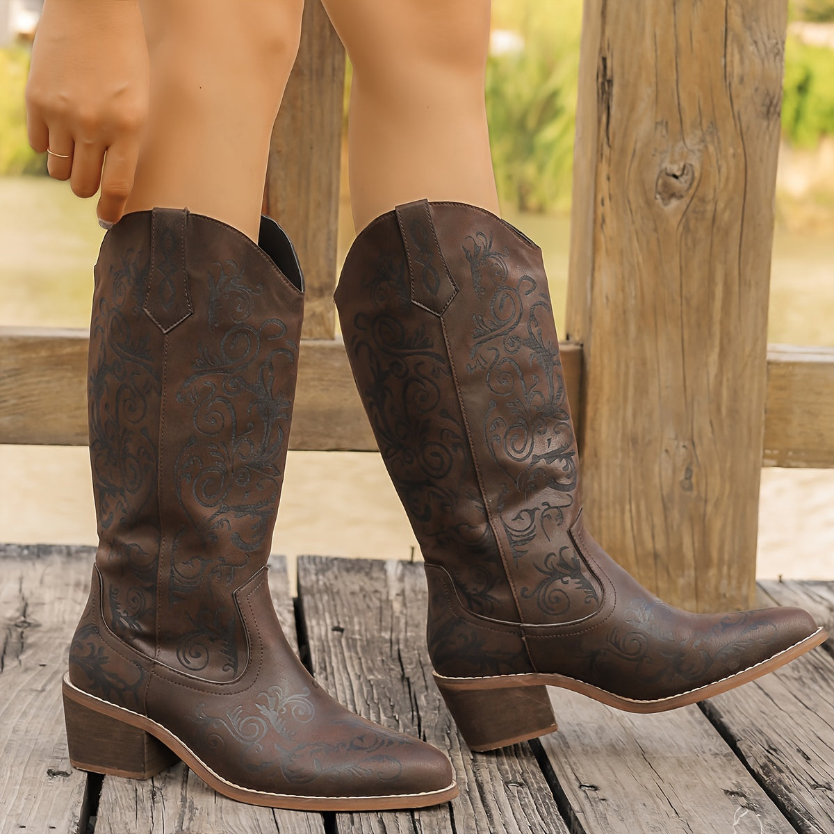 Women's Brown Laser-Cut Floral Mid-Calf Boots with Wooden Heel