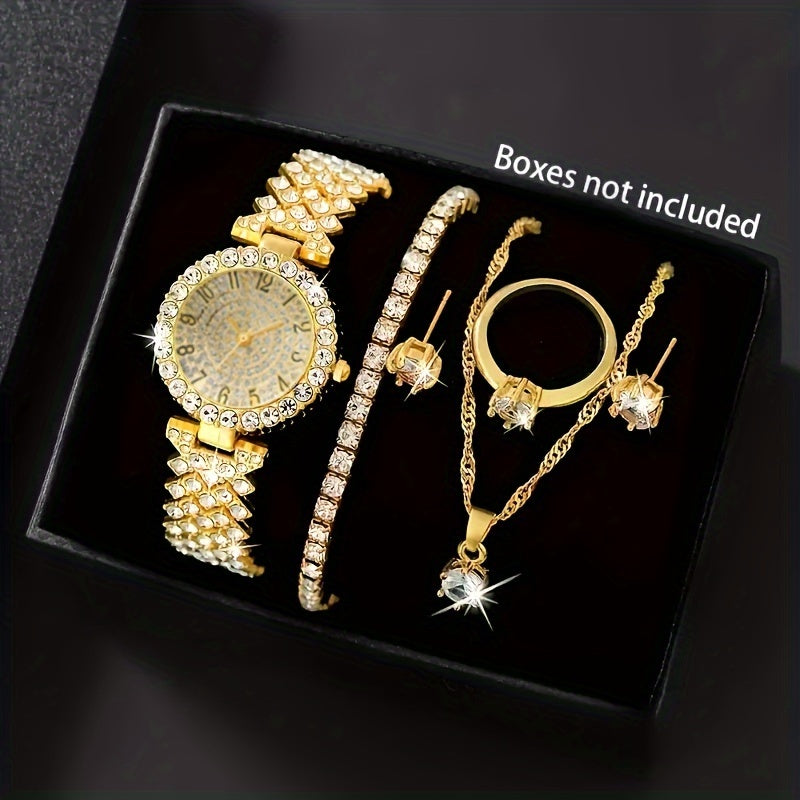 6-Piece Women's Gold-Tone Quartz Watch Jewelry Set with Rhinestones Vintage Gift