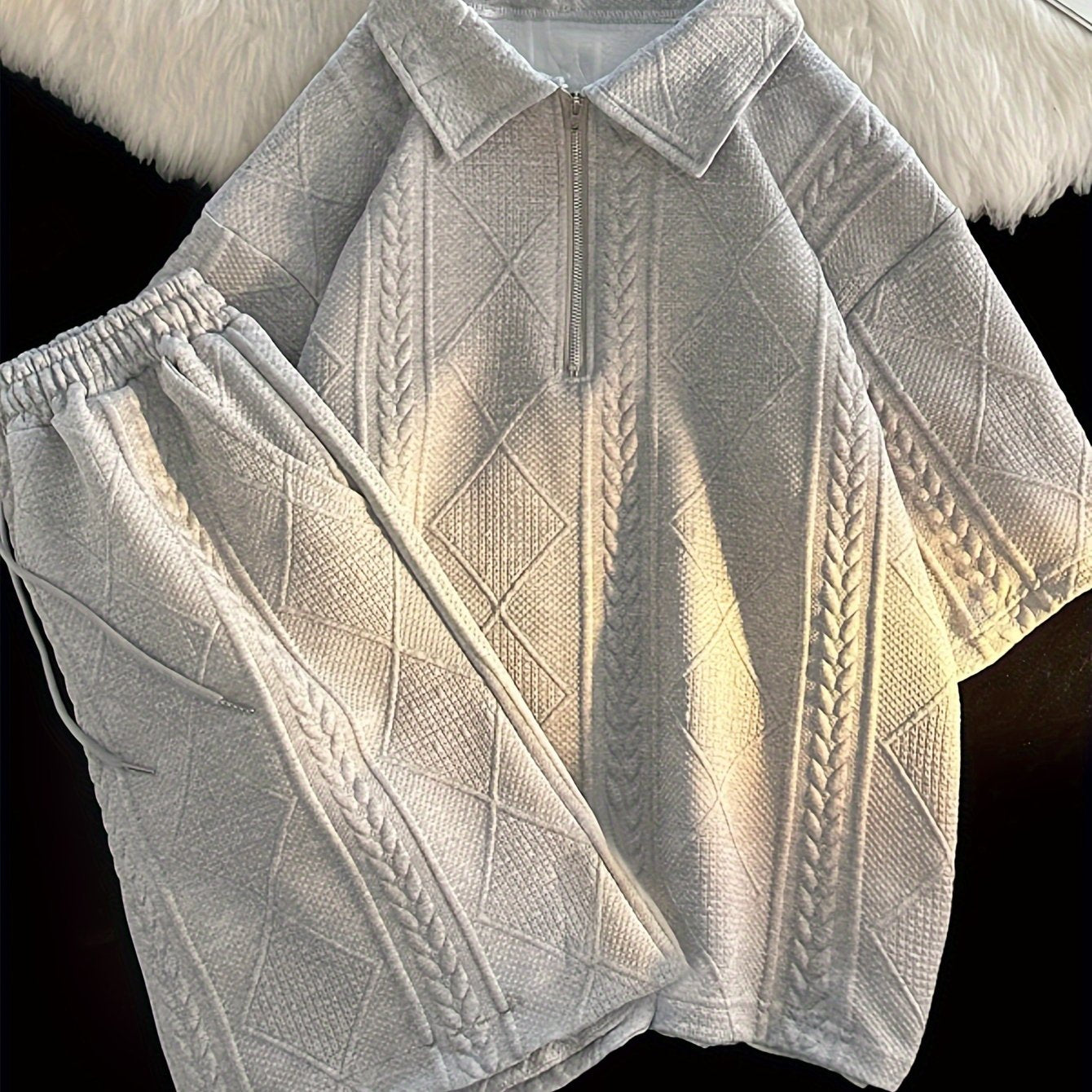 Men's Short Sleeve Jacquard Summer Suit Two-Piece Zipper Closure Casual