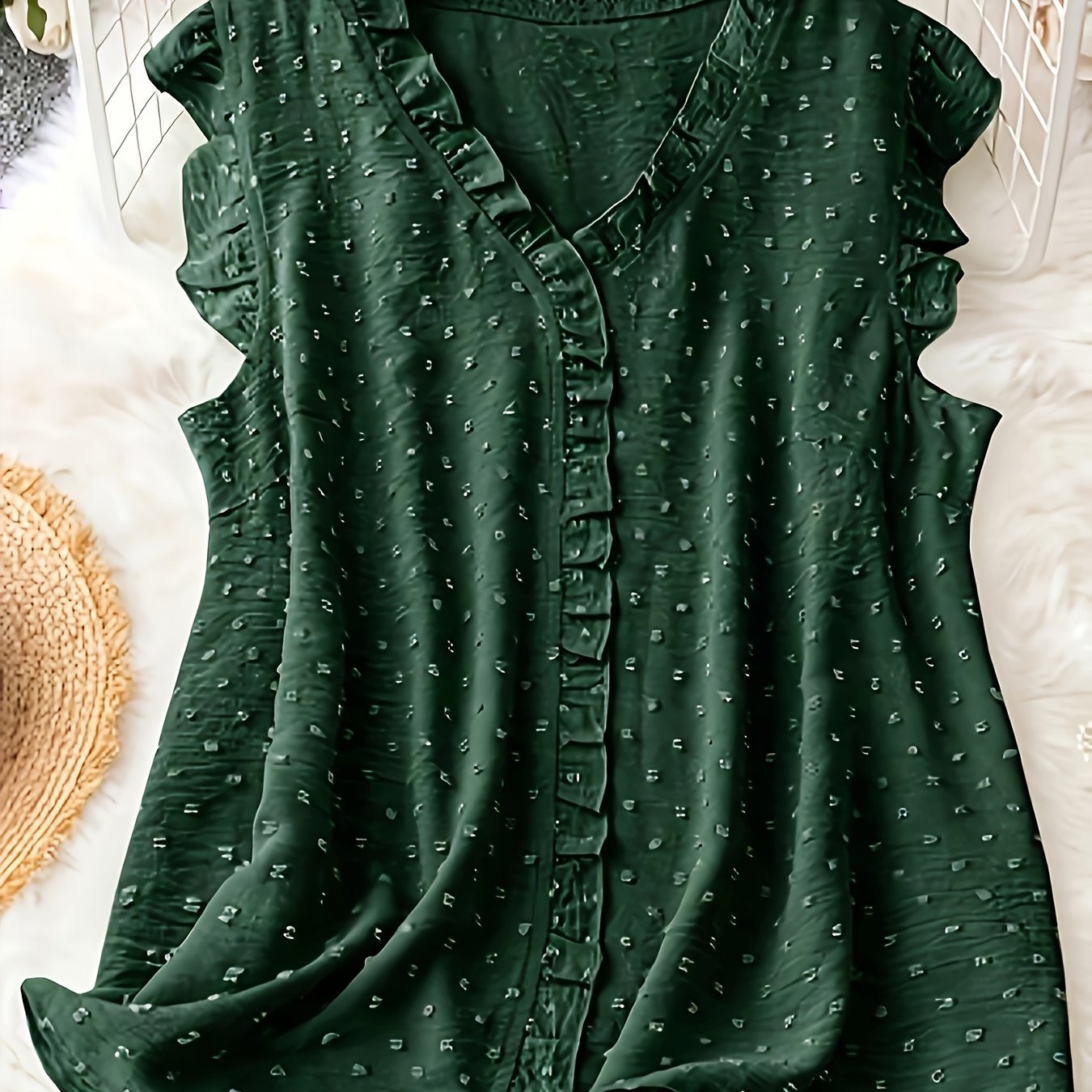 Plus Size Swiss Dot Blouse with Frill Trim V-Neck Summer Casual Women