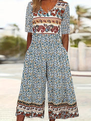 Women's Bohemian Knit V-Neck Jumpsuit with Pockets Wide Leg Romper