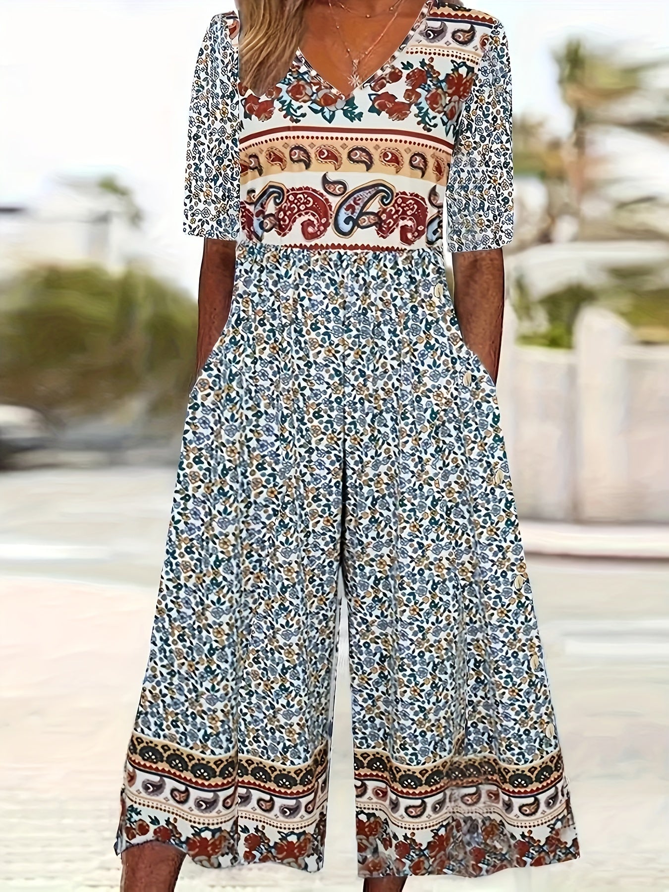 Women's Bohemian Knit V-Neck Jumpsuit with Pockets Wide Leg Romper