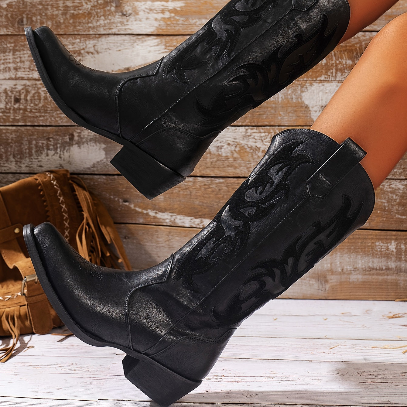 Women's Western Cowboy Boots Mid-Calf Square Toe Casual Rubber Sole