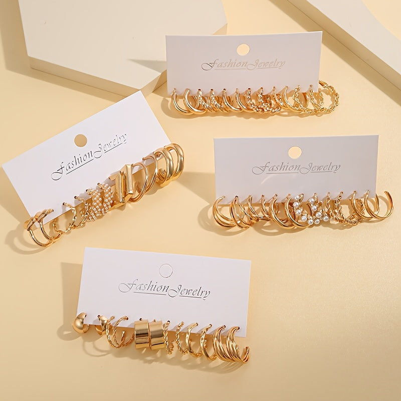 Set of 24 Geometric Silver Earrings with Spiral Chain Design for Women