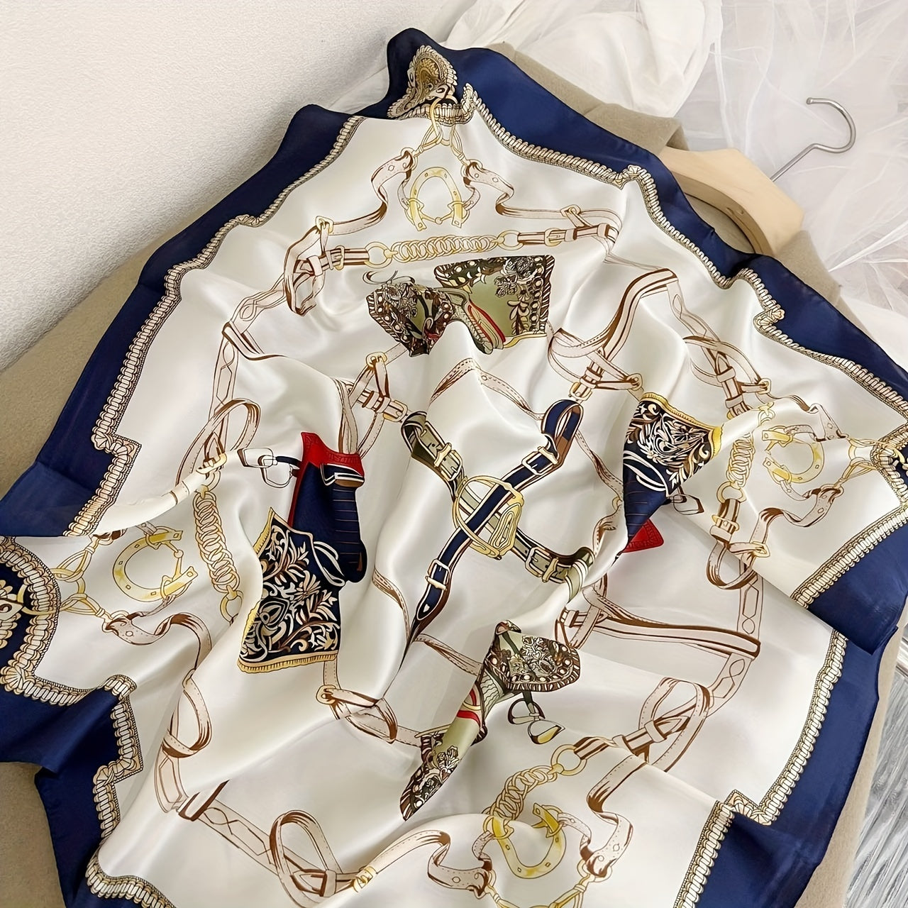 Blue Silk Square Scarf with Chain Print for Neck or Head Wrap 70cm