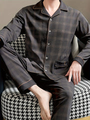 Conjuntos de pijama de algodón para hombre, camisa de manga larga y pantalones, cuadros marrones, ropa de descanso para primavera y otoño