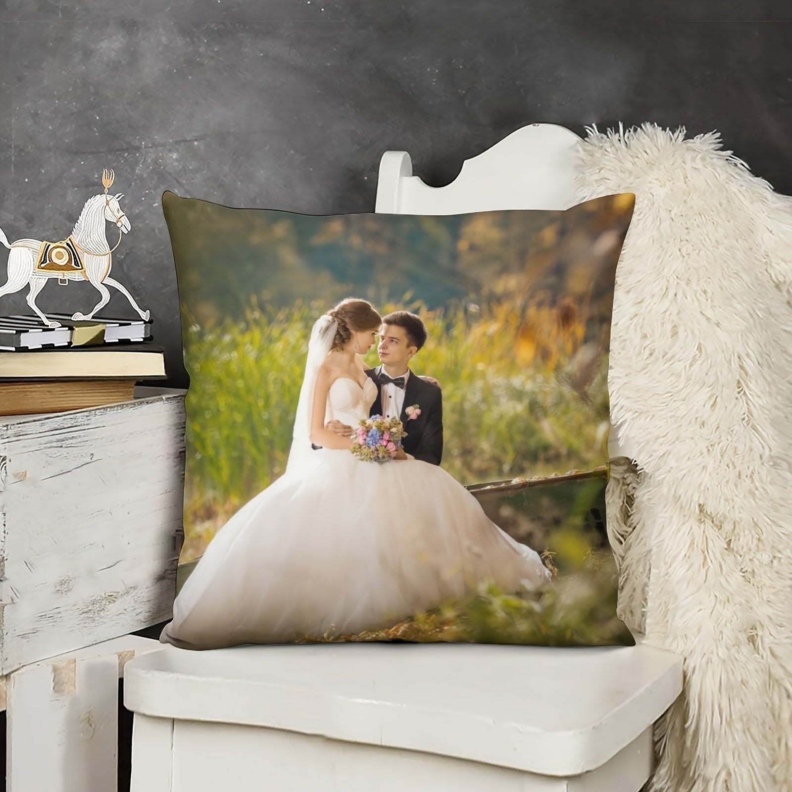 Personalized Wedding Photo Throw Pillow Cover 45.72x45.72 cm Polyester Knit Fabric Home Decor