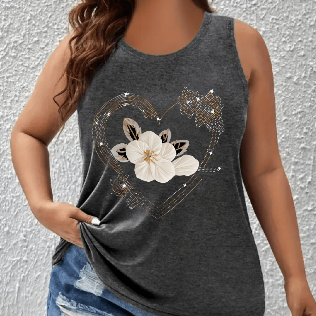 Women's Plus Size Sleeveless Tank Top Breathable Summer White Gold Floral