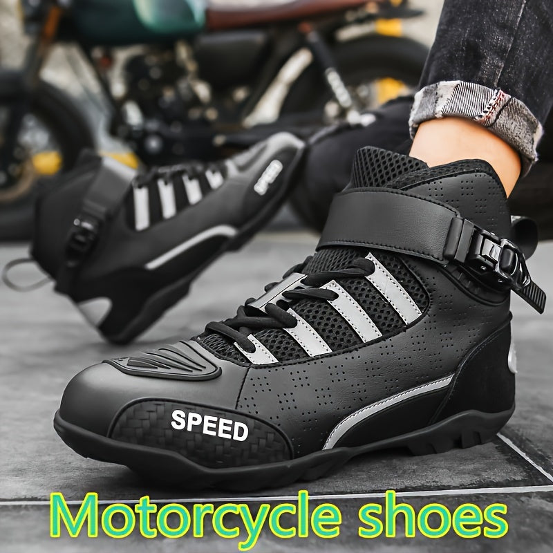Men's Off-Road Motorcycle Riding Boots PU Leather Ankle High Breathable Perforated Protective Strap