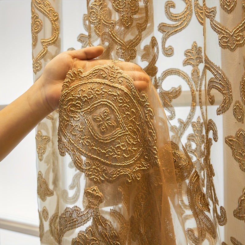 Cortinas de gasa de lujo con ojales, poliéster de tul con diseño jacquard dorado para sala de estar y dormitorio