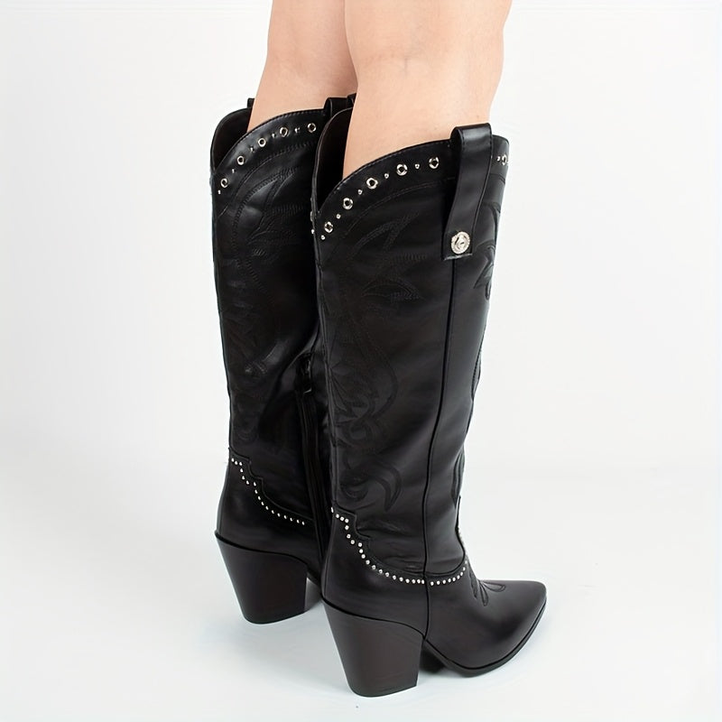 Women's Western Cowboy Boots Black Faux Cover Zipper Knee-High Pointed Toe