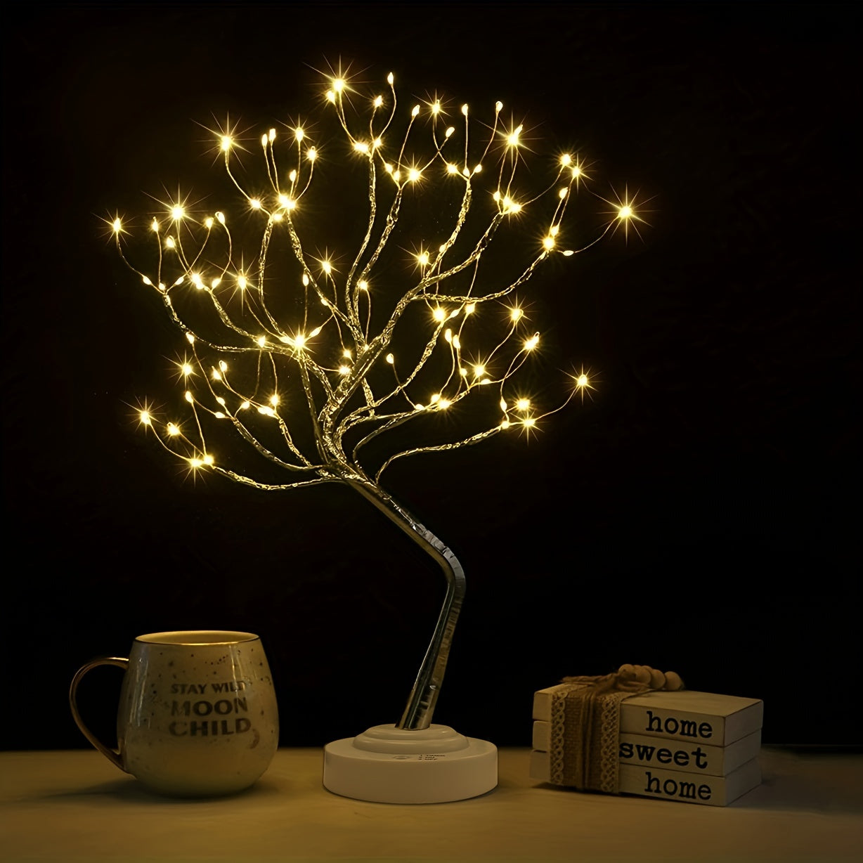 Árbol de bonsái artificial de 50.8cm con luz y 108 luces LED cálidas, doble USB, alimentado por batería, para decoración de dormitorio y ambiente festivo