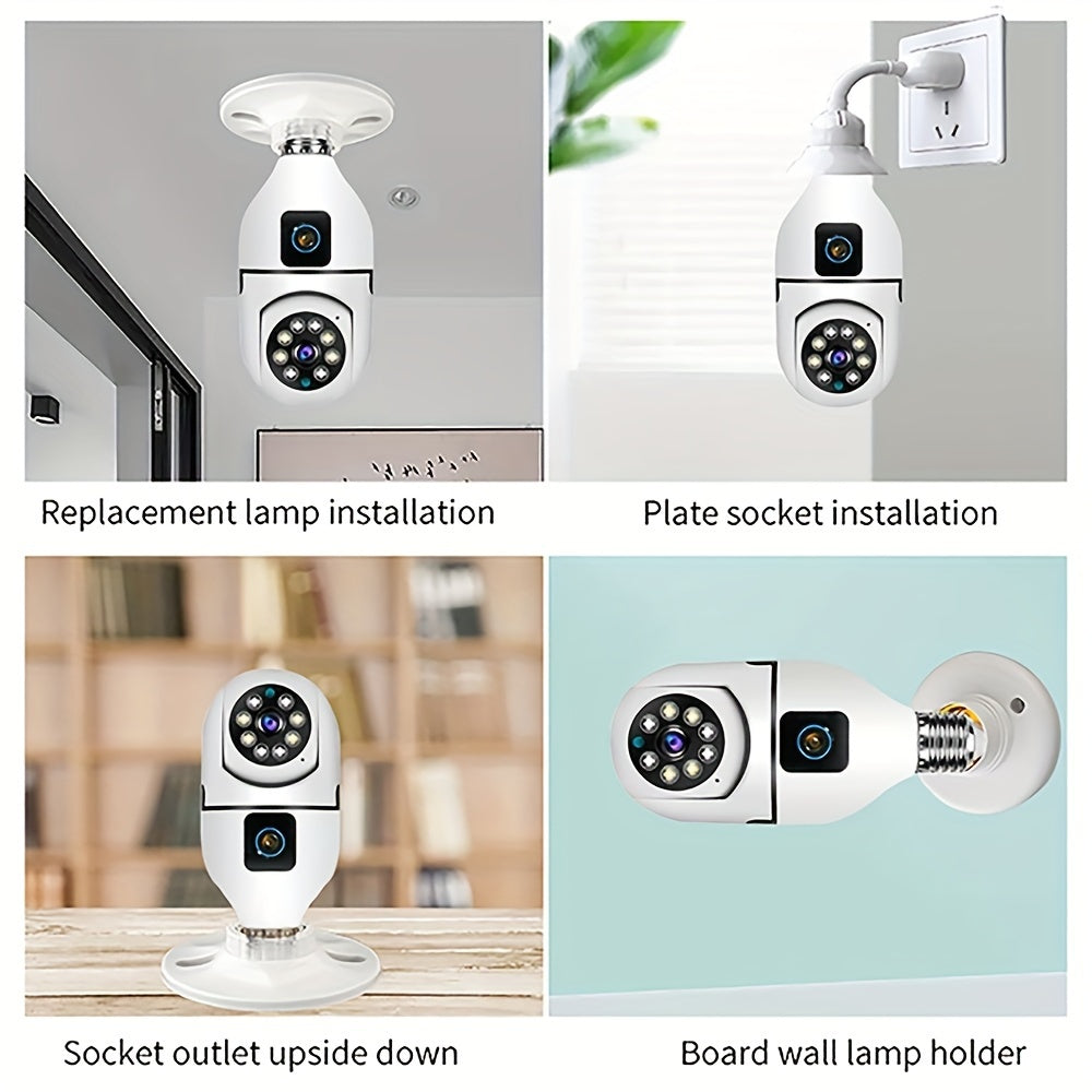 Wireless Dual-Camera Security Bulb with 360° Panoramic View Night Vision Motion Detection Two-Way Audio