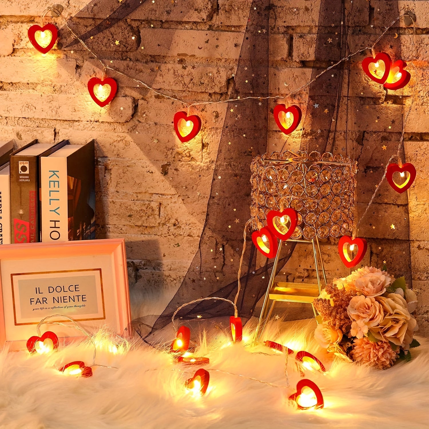 Red Heart LED String Lights Battery-Powered Valentine's Day Decorative Rope Light for Bedroom Living Room Party