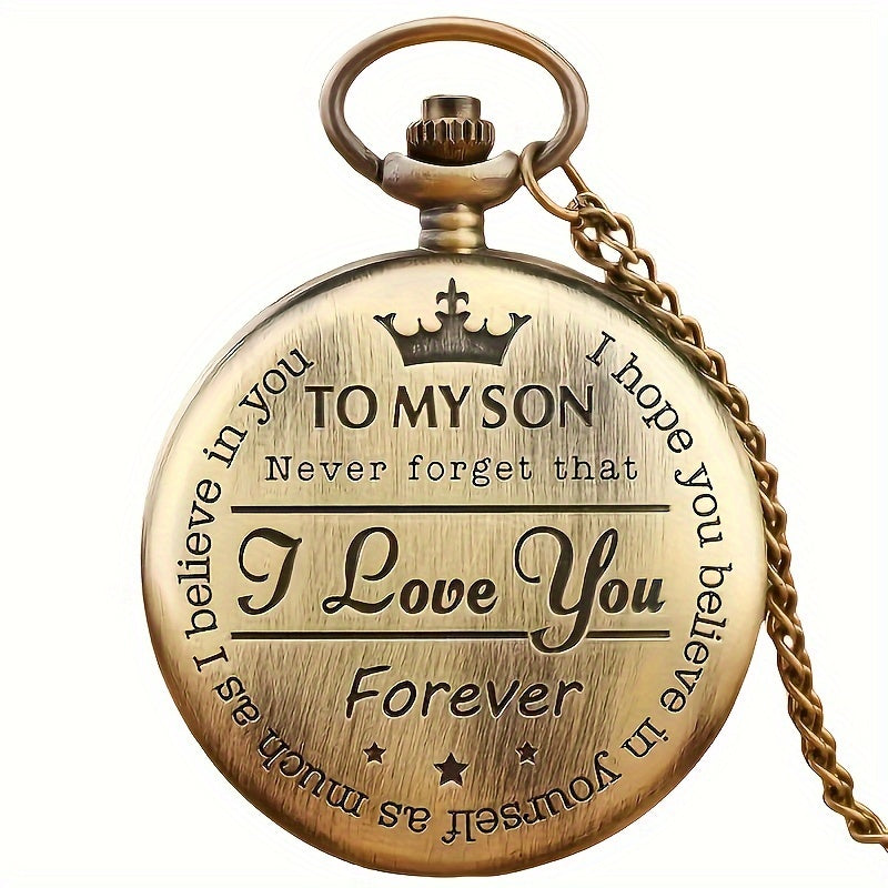 Men's Bronze Pocket Watch with Engraved I Love You Message Circular Dial Quartz Movement Durable Alloy Casing