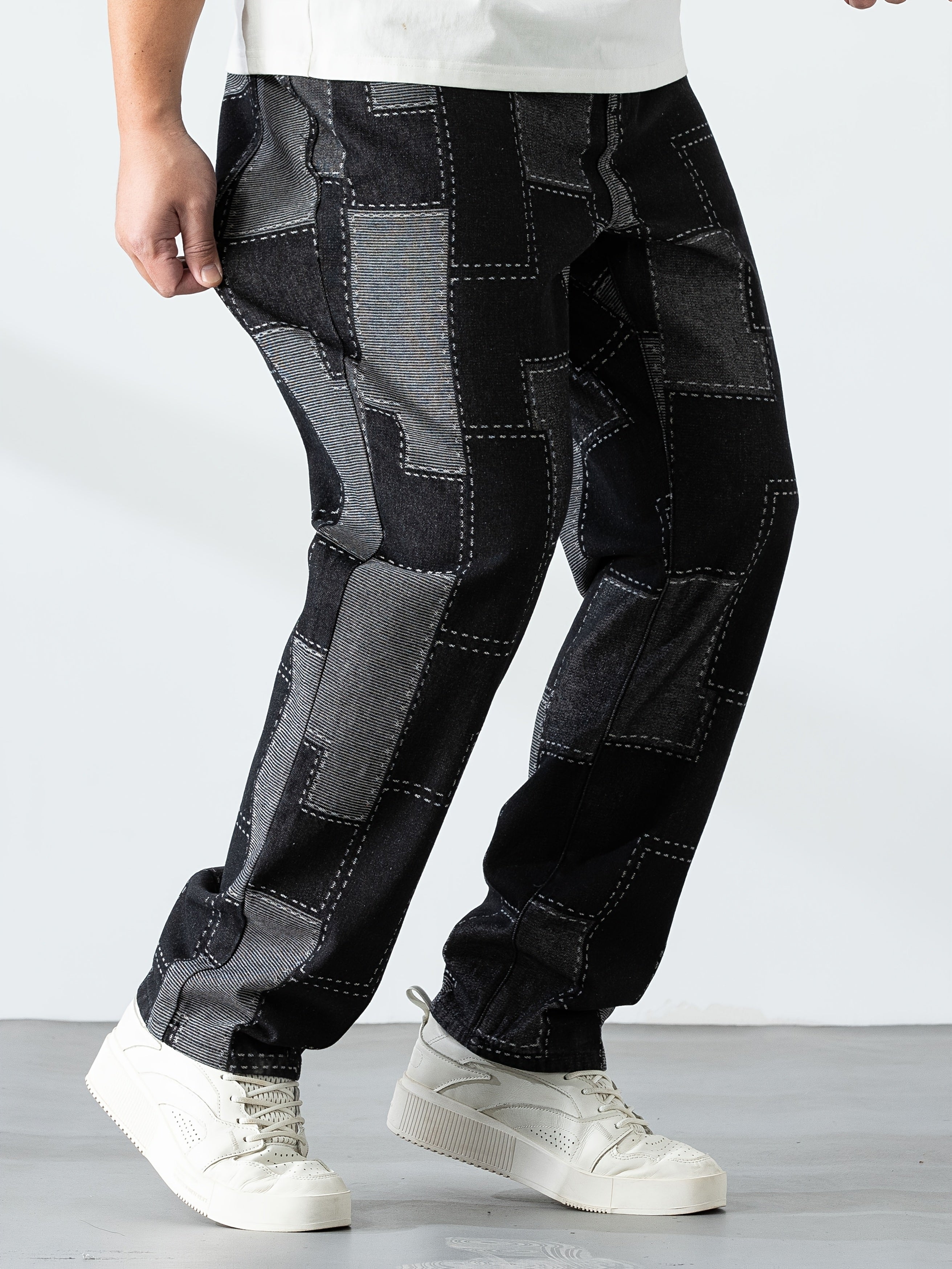 Мужские повседневные джинсы с клетчатым узором, прямой крой, свободный фасон, для всех сезонов, увеличенный размер