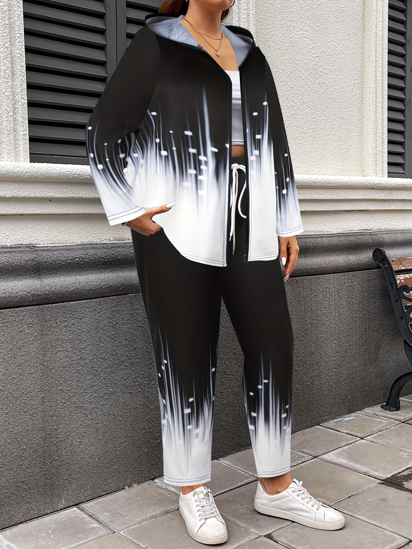 Plus-Size Women's Casual Printed Hooded Suit Polyester Spandex