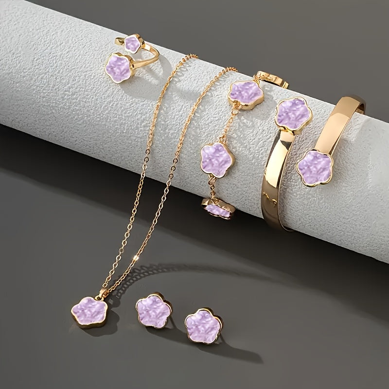 Set of 5 Gold-Tone Flower Jewelry for Women with Black Floral Design for Weddings and Gifts