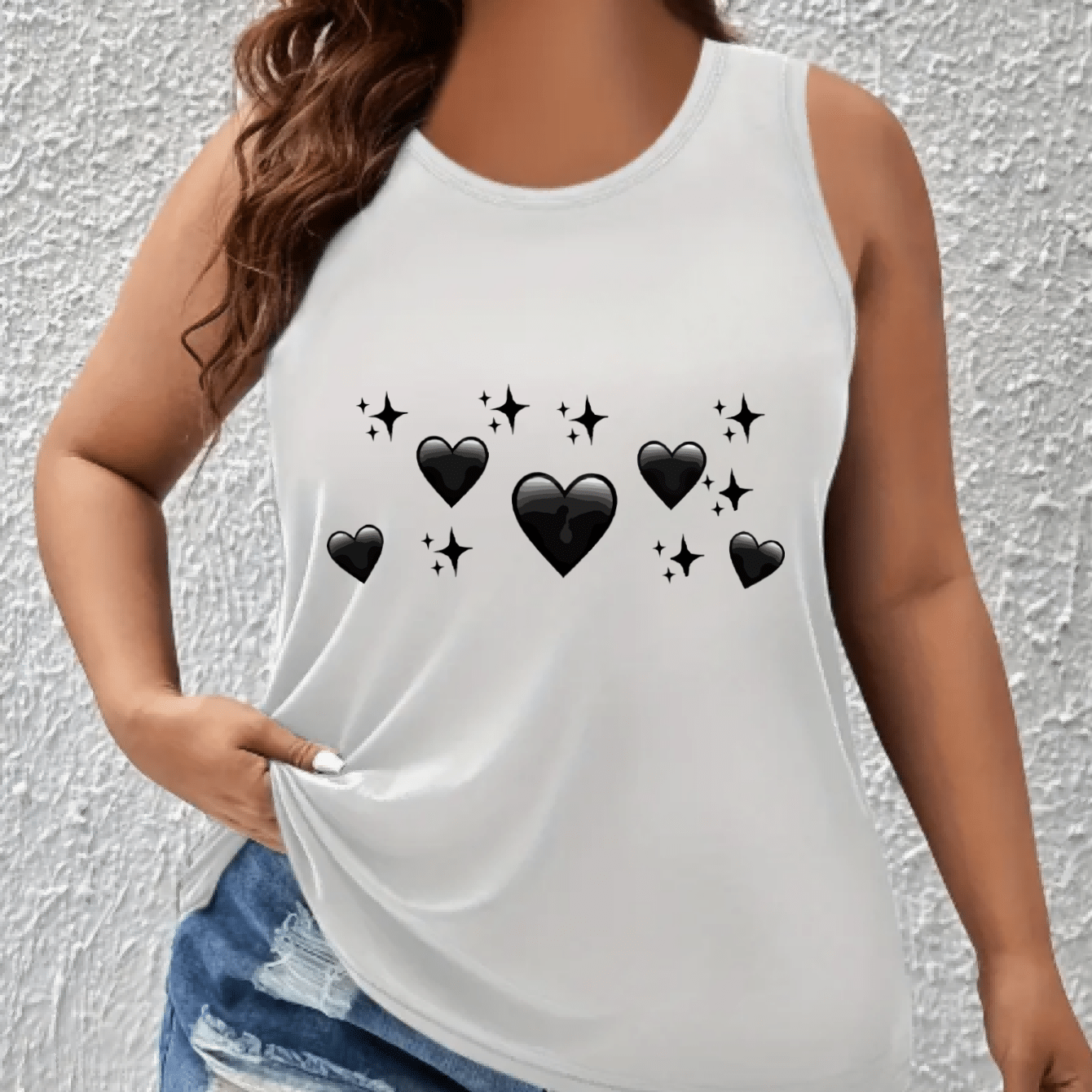 Women's Off-Shoulder Vest Top Breathable Black Heart Star Print Sleeveless Shirt