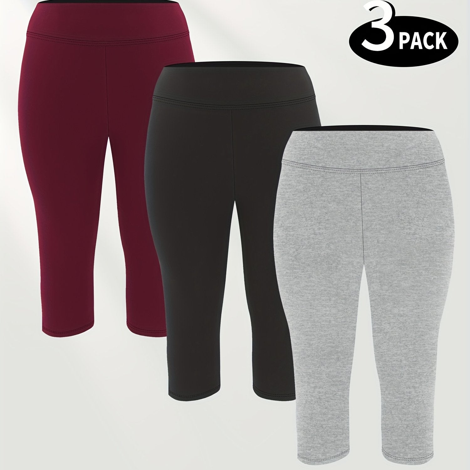 Plus Size High-Waist Capri Leggings Stretch Polyester Elastane Solid Color 3 Pack