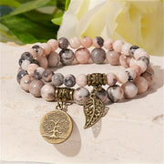 Set of 2 Pink Zebra Jasper Bead Bracelets for Women with Tree of Life and Leaf Charms