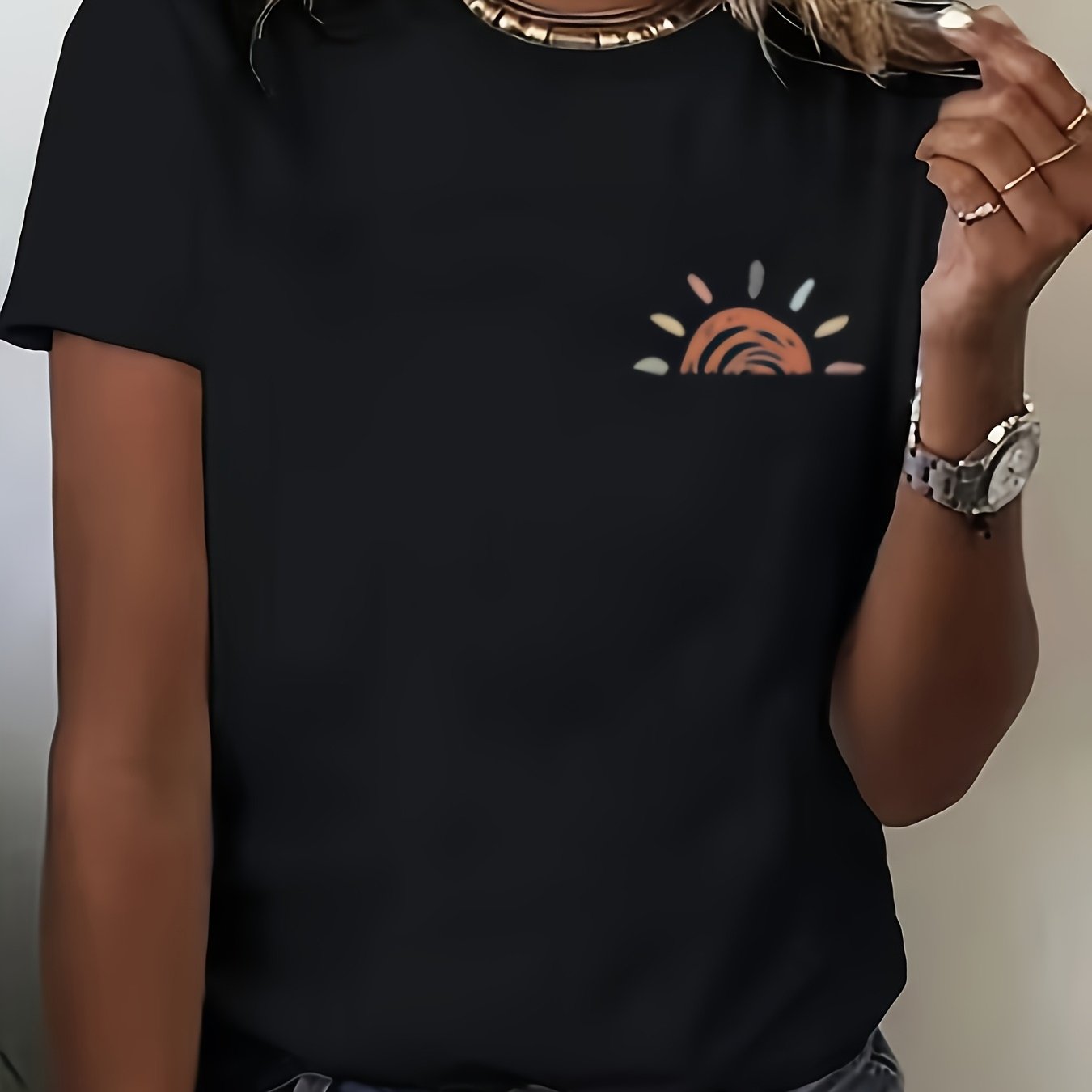 Women's Plus Size T-Shirt Short Sleeve Crew Neck Black Yellow Sunrise Casual Summer