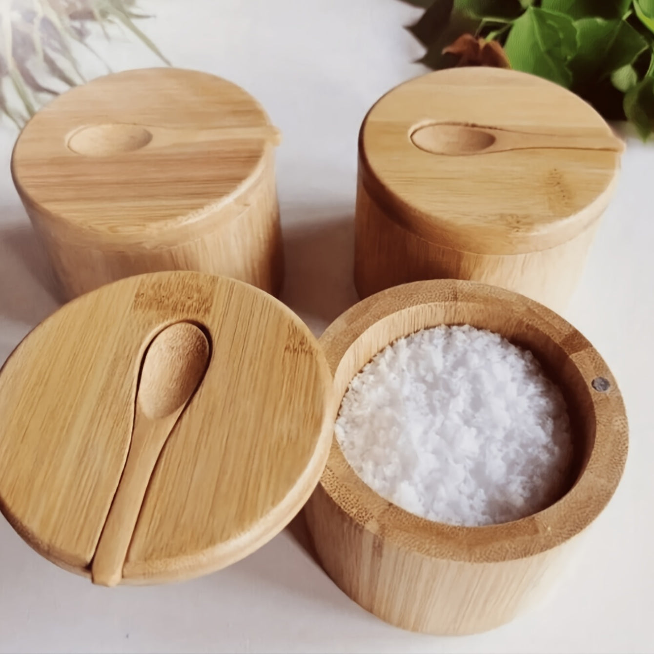 Wooden Spice Jar with Latch Lid and Spoon Microwave Safe Kitchen Storage Container for Coffee Beans Tea Grains Seasonings
