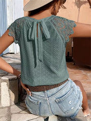 Women's Summer T-Shirt with Eyelet Lace Splicing and Tie Back Crew Neck Solid Color Casual Top